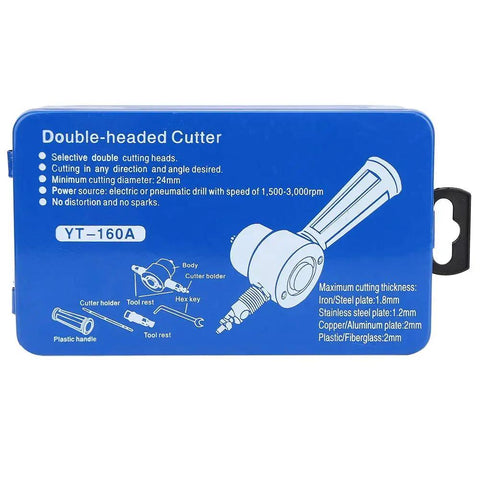 6 Pcs Double Head Metal Sheet Nibbler Cutter Drill Attachment Kit features detailed instructions and specifications on a blue background.