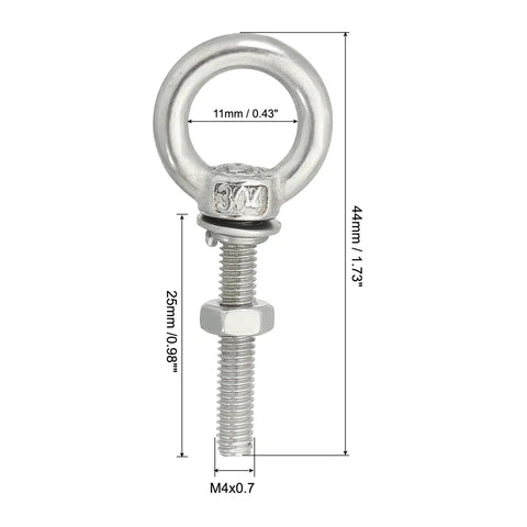Hardcore Stainless Steel Eye Bolts M4 X 25mm Threaded With Hex Nuts And Flat Washers 4 Pack close-up image showing size dimensions and details.