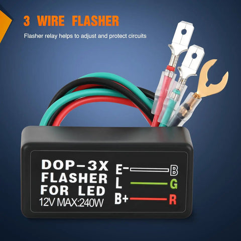 Turn Signal Switch Kit With Flasher Relay For ATV UTV Tractor And Motorcycle featuring a 3 wire flasher, connectors visible.