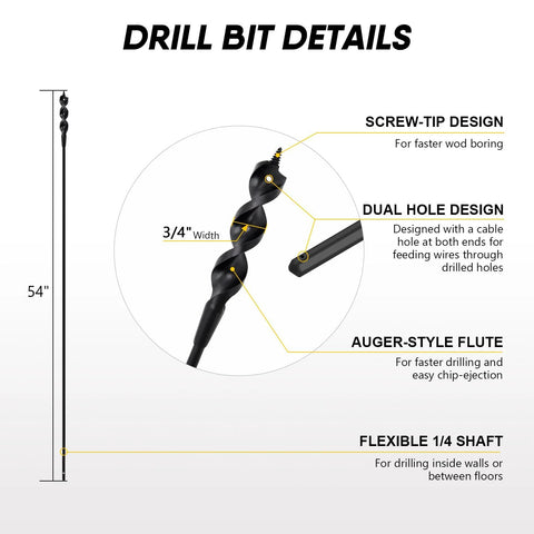 54-inch HUAALIUCHE flexible installer drill bit for pulling wires, 3/4 in auger with screw-tip and dual-hole design