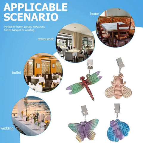 Image showing scenarios using Alloy Tablecloth Clips Eight Pack 2.36 Inch Wide Non Slip Outdoor Tablecloth Holders for Patio Garden Picnic And Camping.