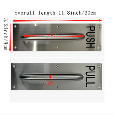 304 Stainless Steel Commercial Door Push Pull Plate Handle With Backing Plates 11.8 x 3.2 Inch Plate, 20 Cm Handle Length, 1.9 Cm Diameter, Built To Last, Easy To Install, Fits Metal Doors, Wood Doors And Composite Doors. front view with 11.8 x 3.2 inch plate and 20 cm handle