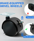 Heavy Duty 1.5 Inch Slick Rolling Casters Set Of Four Featuring Rock Solid Wheel Brakes And Rust Free Stainless Steel Bolts for furniture.