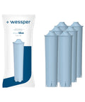 Sweet Sip Water Filter Cartridges For Coffee Machines, Six Pack Refills Compatible With Jura Giga Ena Micro Impressa, showing six blue cartridges and packaging.