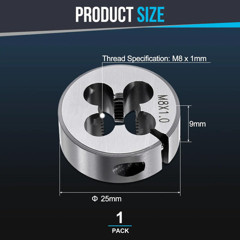 M8 X 1mm Round Threading Die Right Hand Metric Alloy Steel Machine Die, 25mm OD, 9mm thick, for cutting threads in metal