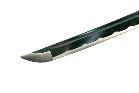 Blade tip of Unsharpened Carbon Steel Iaito Practice Katana Sword With Musashi Ring Tsuba, showing bo hi and hamon.