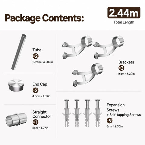Stylish Bar Foot Railing With Dome End Caps And Complete Hardware Kit For Kitchen Island Or Restaurant To Provide Comfy Standing Support, 2.44m, stainless steel