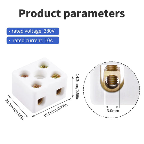 Front view of white ceramic 2-way 5-hole terminal block with 3.0mm screws (21.5×19.5×14.2mm)