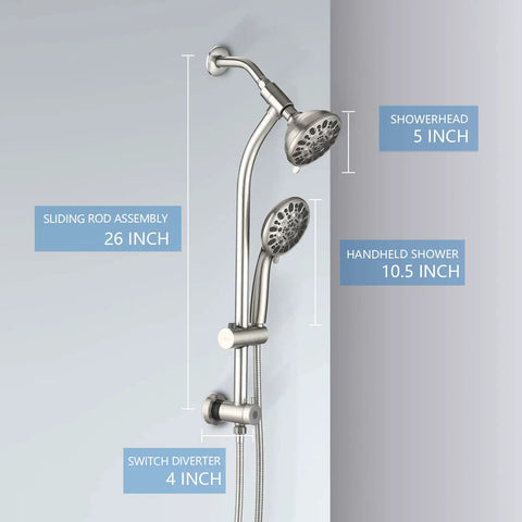 Dual Shower Head Combo Delivers Top Tier High Pressure Flow And Forty Eight Custom Settings With Sleek Brushed Nickel Finish Includes Smooth Adjustable Rail No Drill Setup Three Way Diverter For Relaxing Bathroom Spa Days