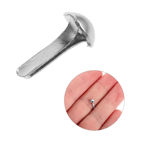 Close-up of 100 Pcs Diy Iron Brads For Puppet Making Kit Mini Fasteners for Kids Crafts shown in hand and individually.