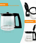 12-cup glass coffee carafe with black plastic handle and lid; front view replacement for Hamilton coffee makers