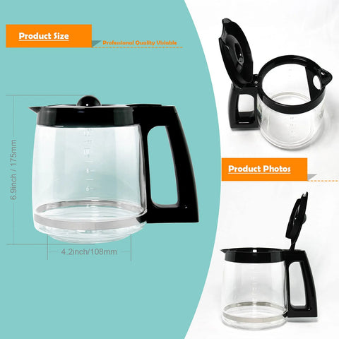 12-cup glass coffee carafe with black plastic handle and lid; front view replacement for Hamilton coffee makers