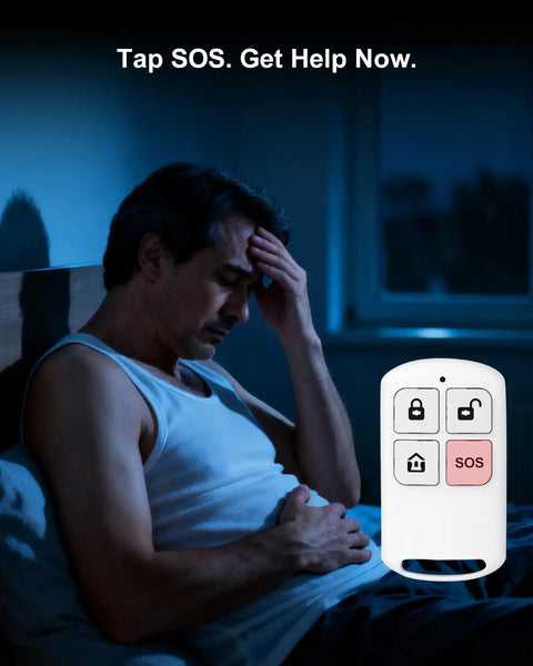 Man using Wireless Home Security System With WiFi App Alerts Alexa Compatible Standalone Keypad remote, displaying emergency SOS button.