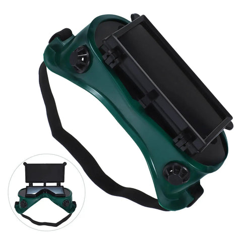 Heavy Duty Double Flip Welding Goggles With Impact Resistant Lenses And Smooth Flip Mechanism, green with adjustable strap, side view.