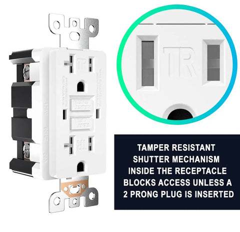Close-up of a 10 Pack GFCI Outlet 20 Amp With LED Indicator Tamper Resistant GFCI Receptacle UL Listed showcasing TR shutter mechanism