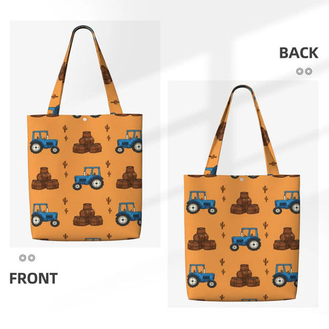 Front and back view of Blue Farm Tractor Aesthetic Canvas Tote Bag For Women And Girls Reusable Grocery Shopping Shoulder Tote