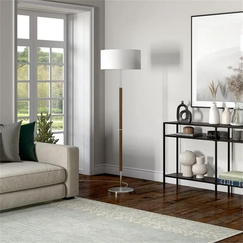 Two Light Floor Lamp With Linen Drum Shade In Rustic Oak And Polished Nickel Finish Tall 61 Inch Stand For Living Room Bedroom Or Home Office Two Independently Operated Bulbs For Adjustable Lighting next to sofa in living room