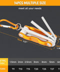 Top Tier 14-Piece Folding Hex Key Set With Metric And Torx Bits, Heavy Duty CR-V Steel Tools For Bike Repair And Hard Core Mechanics Jobs That Never Bend Or Strip And Built Tough For The Garage; 14-piece folding set with carabiner clip