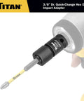 Three Eighths Inch Square Drive To One Quarter Inch Hex Quick Change Adapter For Impact Wrenches And Ratchets Heavy Duty Chrome Molybdenum Steel With Quick Release Collar Built To Last attached to drill
