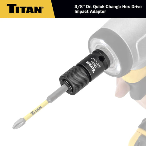 Three Eighths Inch Square Drive To One Quarter Inch Hex Quick Change Adapter For Impact Wrenches And Ratchets Heavy Duty Chrome Molybdenum Steel With Quick Release Collar Built To Last attached to drill
