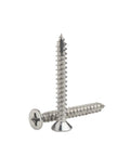 Premium Satin Nickel Wood Screws For Door Hinges And Cabinet DIY Projects Flat Head Phillips Drive Screw Pack shown with two screws.