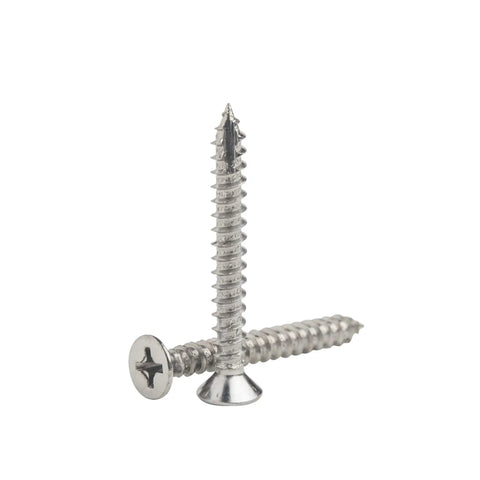Premium Satin Nickel Wood Screws For Door Hinges And Cabinet DIY Projects Flat Head Phillips Drive Screw Pack shown with two screws.