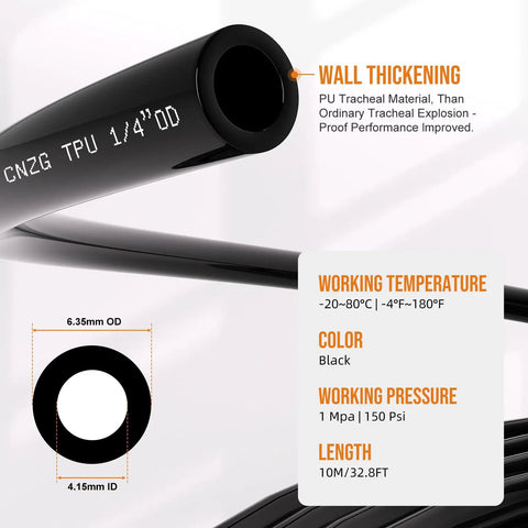 1/4 Inch OD Air Line Kit With Push To Connect Fittings For Air Compressors, 32.8Ft Black PU Tubing detail with specifications