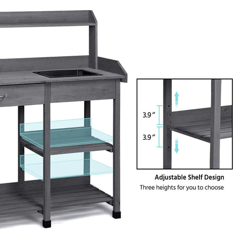 Outdoor Potting Bench Table All In One Garden Workstation With Drawer Adjustable Shelf Removable Sink Hooks And Pads For Horticulture