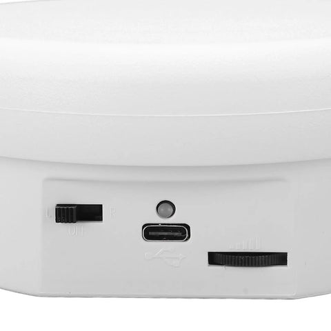 Close-up of Electric Rotating Display Stand With 360 Smooth Spin Motorized Rotary Base showing control panel and USB port.