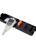 Straight Up Digital Shore Hardness Tester For Rubber And Plastic Using A D E Scale Types To Drop Crisp Testing Numbers Fast Inside A Slick Zero Hassle Handheld Meter in a compact case with testing blocks.