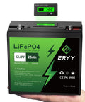 12V LiFePO4 Battery 25Ah 384Wh with Built In 30A BMS and LCD Voltmeter for RVs Trolling Motors Camping Gear and Solar