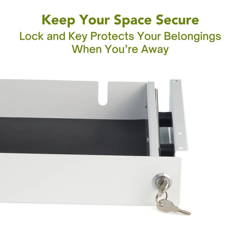 No Sweat Heavy Duty Pull Out Under Desk Drawer with lock and key, securing office belongings in commercial steel.