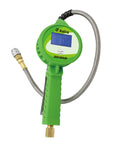 Road Ready Digital Tire Inflator With Hella Sturdy Stainless Hose And Push Lock Coupler Chuck Auto Garage Grade Air Pump Gauge in green color with digital display.