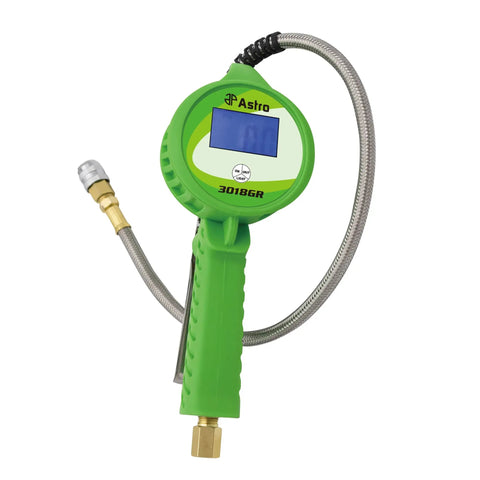 Road Ready Digital Tire Inflator With Hella Sturdy Stainless Hose And Push Lock Coupler Chuck Auto Garage Grade Air Pump Gauge in green color with digital display.