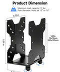 Boss Grade Adjustable Mini Pc Mount Bracket Vesa Under Desk and Monitor Arm Computer Holder dimensions showing size and design.