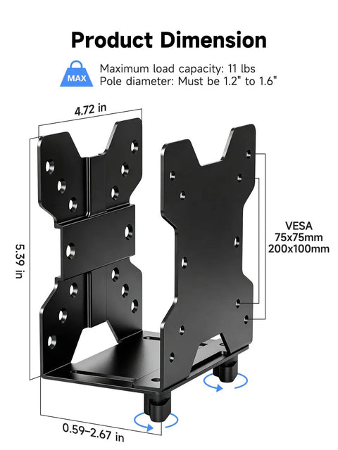 Boss Grade Adjustable Mini Pc Mount Bracket Vesa Under Desk and Monitor Arm Computer Holder dimensions showing size and design.