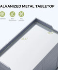 Outdoor Potting Bench With Metal Tabletop And Double Doors Cabinet, top view of gray metal tabletop with dimensions