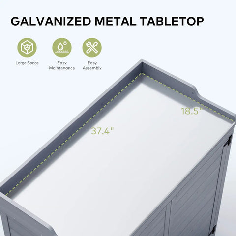 Outdoor Potting Bench With Metal Tabletop And Double Doors Cabinet, top view of gray metal tabletop with dimensions