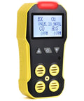 NIST Traceable 4 Gas Monitor With O2, CO, H2S And LEL, USB Recharge, front view showing display and yellow casing.