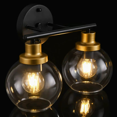 2 Light Vanity Fixture With Clear Globe Shade Black And Gold Finish Modern Wall Sconce For Bathroom Mirror Vintage Mid Century Vibe 14 Inch Long