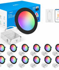 Xsky Smart Recessed Lighting 6 inch 12 Pack in black trim, featuring RGBW downlights and Zigbee 3.0 dimmer switch.