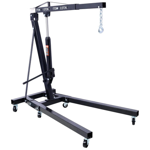 Heavy Duty Folding Engine Hoist And Cherry Picker Shop Crane Lift With Two Ton Capacity Solid Steel Frame shown with hydraulic arm and wheels.