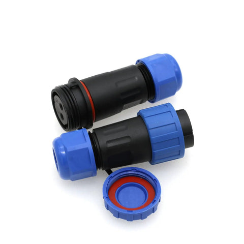 TY20 2 Pin Waterproof Solder Free Screw Connection Panel Mount Cable Plug Socket For Outdoor Electrical Solar Power Easy Snap Quick Disconnect For Male And Female Wires 25A 380V Weatherproof Connector front view showing blue caps and black housing