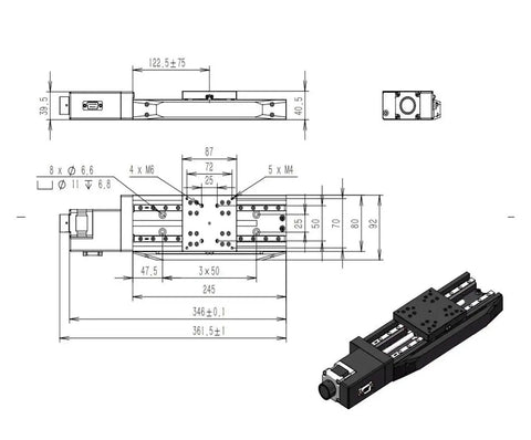 Rock Solid Motorized Linear Translation Stage Spot On Precision Displacement Platform with stepper motor technical drawing and dimensions.