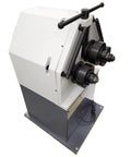 Top Shelf Electric Round Bending Machine Featuring Reversible Foot Pedal Control And Vertically Adjustable Upper Roll For Smooth Ring Forming.