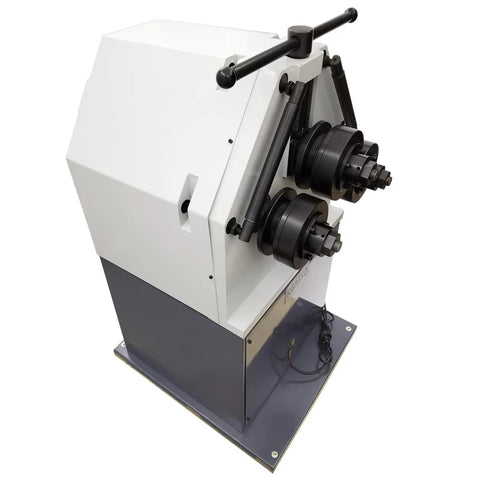 Top Shelf Electric Round Bending Machine Featuring Reversible Foot Pedal Control And Vertically Adjustable Upper Roll For Smooth Ring Forming.