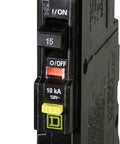 QO Qwik-Gard 15 Amp Single Pole GFCI Circuit Breaker For QO Panels, 120 Volt AC in close-up, showing compact plug-on design.