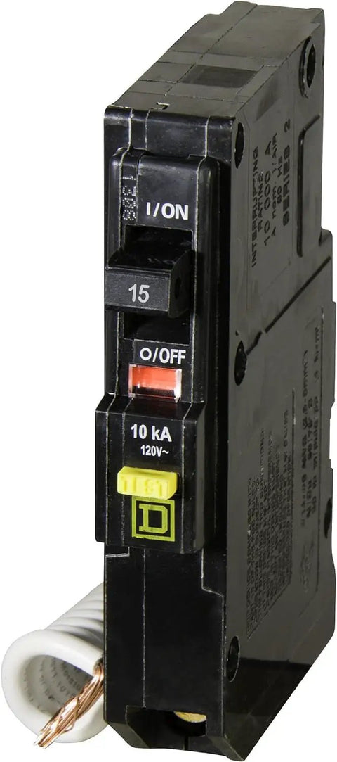 QO Qwik-Gard 15 Amp Single Pole GFCI Circuit Breaker For QO Panels, 120 Volt AC in close-up, showing compact plug-on design.