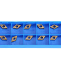 Front view of blue storage box containing ten tungsten carbide DCMT070204 lathe inserts.