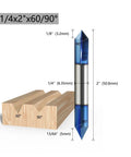 Heavy Duty 1/4 Inch Carbide Router Bit With Solid Nano Blue Coating For Angled V Groove And Chamfering On Hardwood And MDF Smooth High Speed Carving, detailed dimensions and angles shown.